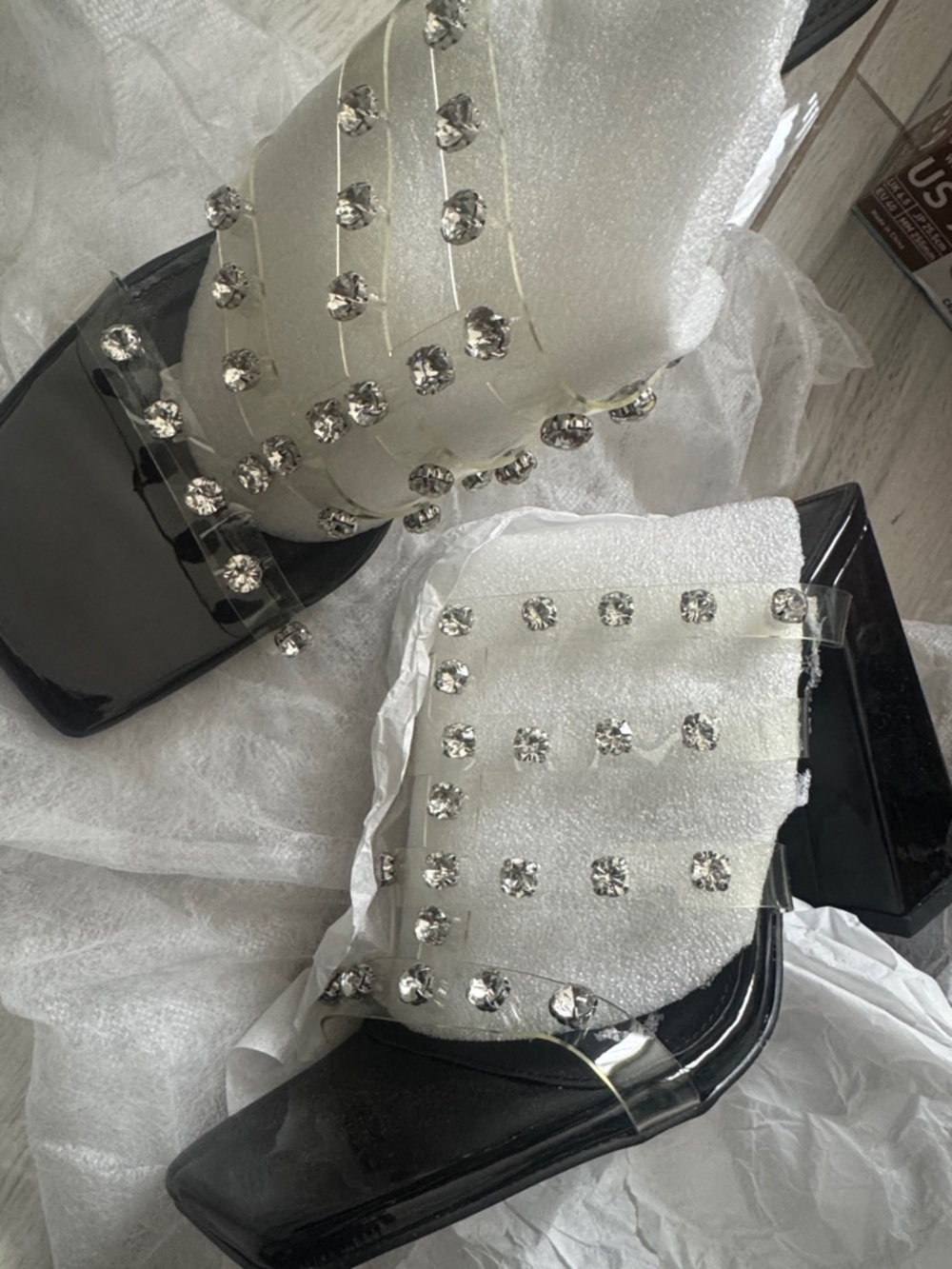 Liliana Black Clear Gem-Embellished Block Heels